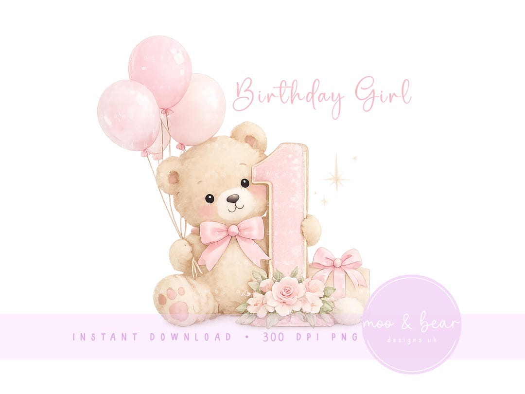 Birthday Girl Bear PNG, 1st Birthday Clipart, Pink Teddy Balloon Design ...