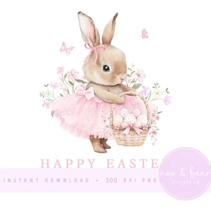 Rosa Osterhase Ballerina, Frohe Ostern Design PNG, Osterkorb Baby Hase Kaninchen Sublimationsdesign, digitaler Download, UV / DTF