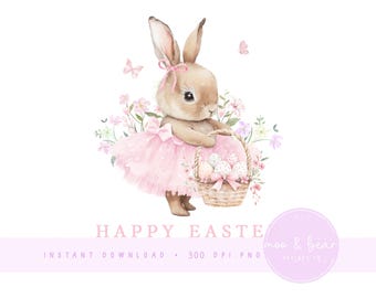 Pink Easter Bunny Ballerina, Happy Easter Design PNG, Easter Basket Baby Bunny Rabbit Sublimation Design, Digital Download, UV/DTF