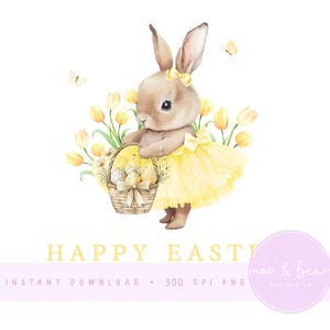 May include: Watercolor illustration of a brown bunny wearing a yellow dress and bow, holding a basket of Easter eggs. Yellow tulips and butterflies surround the bunny. The words "HAPPY EASTER" are at the bottom.