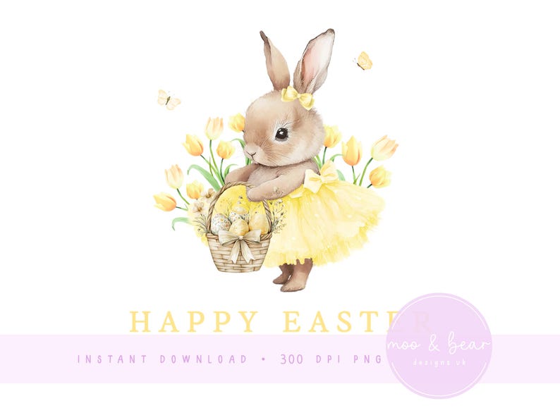 May include: Watercolor illustration of a brown bunny wearing a yellow dress and bow, holding a basket of Easter eggs. Yellow tulips and butterflies surround the bunny. The words "HAPPY EASTER" are at the bottom.