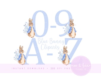 Peter Rabbit Blue Floral Alphabet and Numbers PNG,  26 Individual Letters 10 Numbers, Instant Digital Download, Sublimation Designs UV/DTF