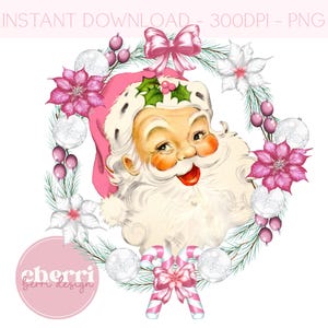 Rosa Weihnachtsmann Kranz PNG, Frohe Weihnachten Clipart, Weihnachtskarte PNG Design, sofortiger digitaler Download, Vintage Santa