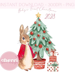 Peter Rabbit PNG rosso 1° Natale, Clipart di Natale, Design di biglietti di Natale, Download digitale istantaneo, Design di sublimazione, Primo Natale DTF