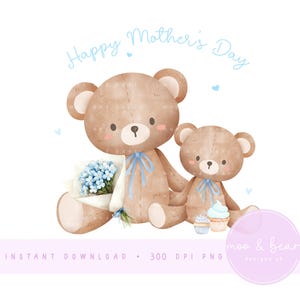 Mère et bébé ours PNG, Clipart ours mignon, 1ère conception de carte de fête des mères, conception de coussin de chambre d'enfant, téléchargement numérique instantané