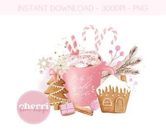 Pink Christmas Hot Cocoa Mug PNG, Christmas Clipart, Christmas Card PNG Design, Instant Digital Download, Sublimation Designs, Hot  Mug DTF