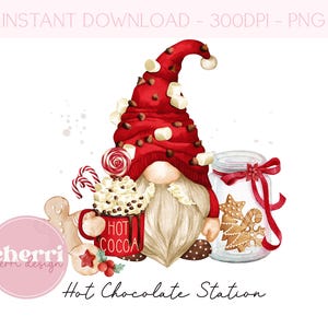 Red Hot Chocolate Station Gnome Christmas PNG, Christmas Cocoa Mug, Christmas Card PNG Design, Instant Digital Download, Santa DTF