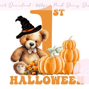 Primo orsacchiotto di Halloween, clipart di zucca di Halloween per bambini, design di carte autunnali, spezie di zucca, download digitale istantaneo, design di sublimazione