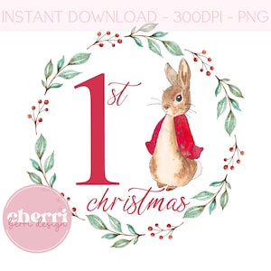 Peter Rabbit 1° Natale PNG, Clipart di Natale, Design PNG per biglietti di Natale, Download digitale istantaneo, Disegni a sublimazione, Primo Natale