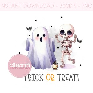May include: A watercolor illustration of a ghost and a skeleton dressed in a costume. The ghost is white and has a friendly face. The skeleton is wearing a black and white striped shirt and has a lantern in its hand. The text "Trick or Treat!" is written below the characters.