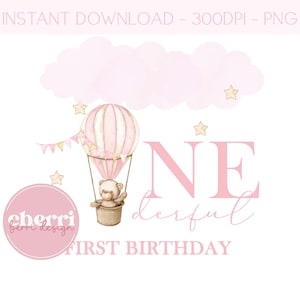 Balão de ar quente Onderful primeiro aniversário, design de pelúcia rosa para primeiro aniversário, designs de sublimação, design de cartão PNG, download digital instantâneo
