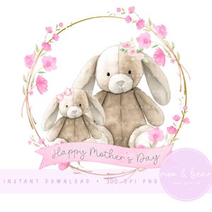 Madre e bambino coniglietto PNG, carino coniglietto clipart, primo design di biglietto per la festa della mamma, design del cuscino per la cameretta dei bambini, download digitale istantaneo