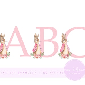 Flopsie Bunny Pink Blumenalphabet PNG, Flopsie Rabbit 26 einzelne Buchstaben, sofortiger digitaler Download, Sublimationsdesigns - INSTANT DOWNLOAD