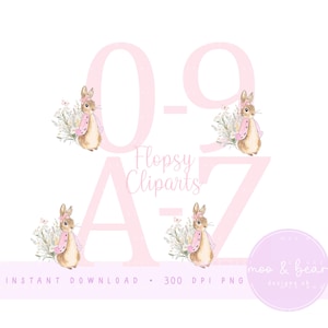 Flopsie Bunny Pink Blumenalphabet und Zahlen PNG, 26 einzelne Buchstaben 10 Zahlen, sofortiger digitaler Download, Sublimationsdesigns UV / DTF