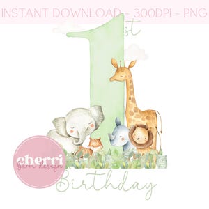 Safari 1e verjaardag groene png, jungle dieren eerste verjaardag clipart, leeuw, giraffe clipart, babysafari één, sublimatie design, UV-dtf