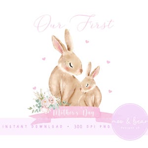 Coniglietto madre e bambino PNG, Clipart coniglietto carino, Design del primo biglietto per la festa della mamma, Design del cuscino per la cameretta dei bambini, Download digitale istantaneo