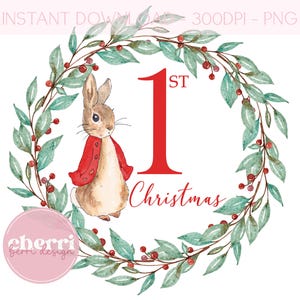 Red Peter Rabbit 1st Christmas  PNG, Christmas Clipart, Christmas Card PNG Design, Instant Digital Download, Sublimation Design, First Xmas