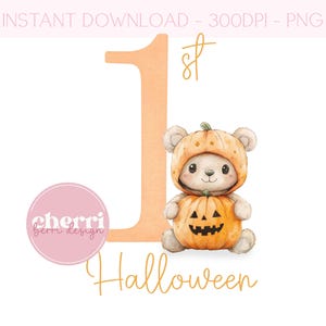 1st Primo Halloween Carino Orsetto Zucca, Prima Zucca di Halloween Clipart, Design di Carta Autunnale, Download Digitale di Orsetto Zucca, Sublimazione DTF