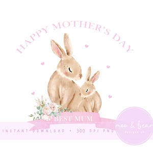 Coniglietto madre e bambino PNG, Clipart coniglietto carino, Design del primo biglietto per la festa della mamma, Design del cuscino per la cameretta dei bambini, Download digitale istantaneo
