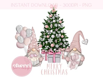 Pink Christmas Trees Gnomes PNG, Christmas Clipart, Christmas Card PNG Design, Instant Digital Download, Sublimation Designs DTF