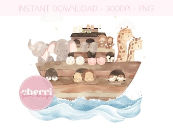 Noah's Ark & Animals PNG, Christening Baptism PNG, Noah's Ark Sublimation Design, Naming Day Card Design, Instant Digital Download, UV Dtf