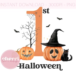 1st Prima zucca spettrale di Halloween, prima zucca di Halloween Clipart, design di biglietti autunnali, download digitale di gatto zucca, sublimazione DTF