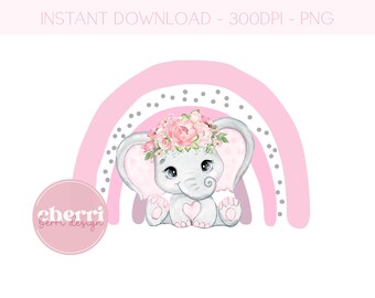 Baby Elephant Pink Rainbow PNG, Cute Elephant Clipart, New Baby Card Design, Nursery Cushion Design, Instant Digital Download