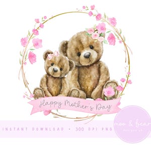 Mère et bébé ours PNG, Clipart ours mignon, 1ère conception de carte de fête des mères, conception de coussin de chambre d'enfant, téléchargement numérique instantané