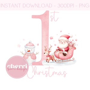 Mijn eerste kerst kerstman slee roze png, 1st xmas clipart, kerstman slee sneeuwpop png, baby 1e kerst, sublimatie ontwerp, UV-dtf