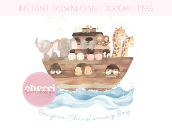 Noah's Ark & Animals PNG, Christening Baptism PNG, Noah's Ark Sublimation Design, Naming Day Card Design, Instant Digital Download, UV Dtf