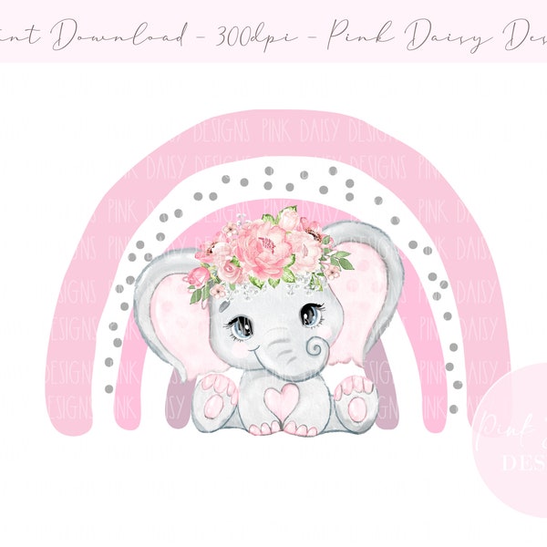 Baby Elephant Pink Rainbow PNG, Cute Elephant Clipart, New Baby Card Design, Nursery Cushion Design, Instant Digital Download