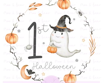 1st Halloween PNG, Cute Ghost Pumpkin Design, Baby Halloween Sublimation, First Halloween, Digital Download