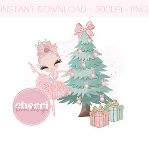Könnte beinhalten: Eine digitale Illustration einer Ballerina in einem rosa Tutu und einer Blumenkrone, die vor einem grünen Weihnachtsbaum mit rosa Kugeln und Geschenken steht. Der Text "cherri beri design" befindet sich in einem Kreis unter der Ballerina.