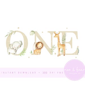 Safari 1° compleanno PNG neutro, Clipart primo compleanno animali giungla, Leone, Clipart giraffa, Baby Safari One, Design a sublimazione, UV Dtf