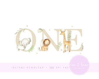 Safari 1st Birthday Neutral PNG, Jungle Animals First Birthday Clipart, Lion, Giraffe Clipart, Baby Safari One, Sublimation Design, UV Dtf