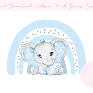 Baby Elephant Blue Rainbow PNG, Clipart elefante carino, Nuovo design per biglietti per bambini, Design cuscino nursery, Download digitale istantaneo