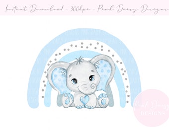 Baby Elephant Blue Rainbow PNG, Cute Elephant Clipart, New Baby Card Design, Nursery Cushion Design, Instant Digital Download