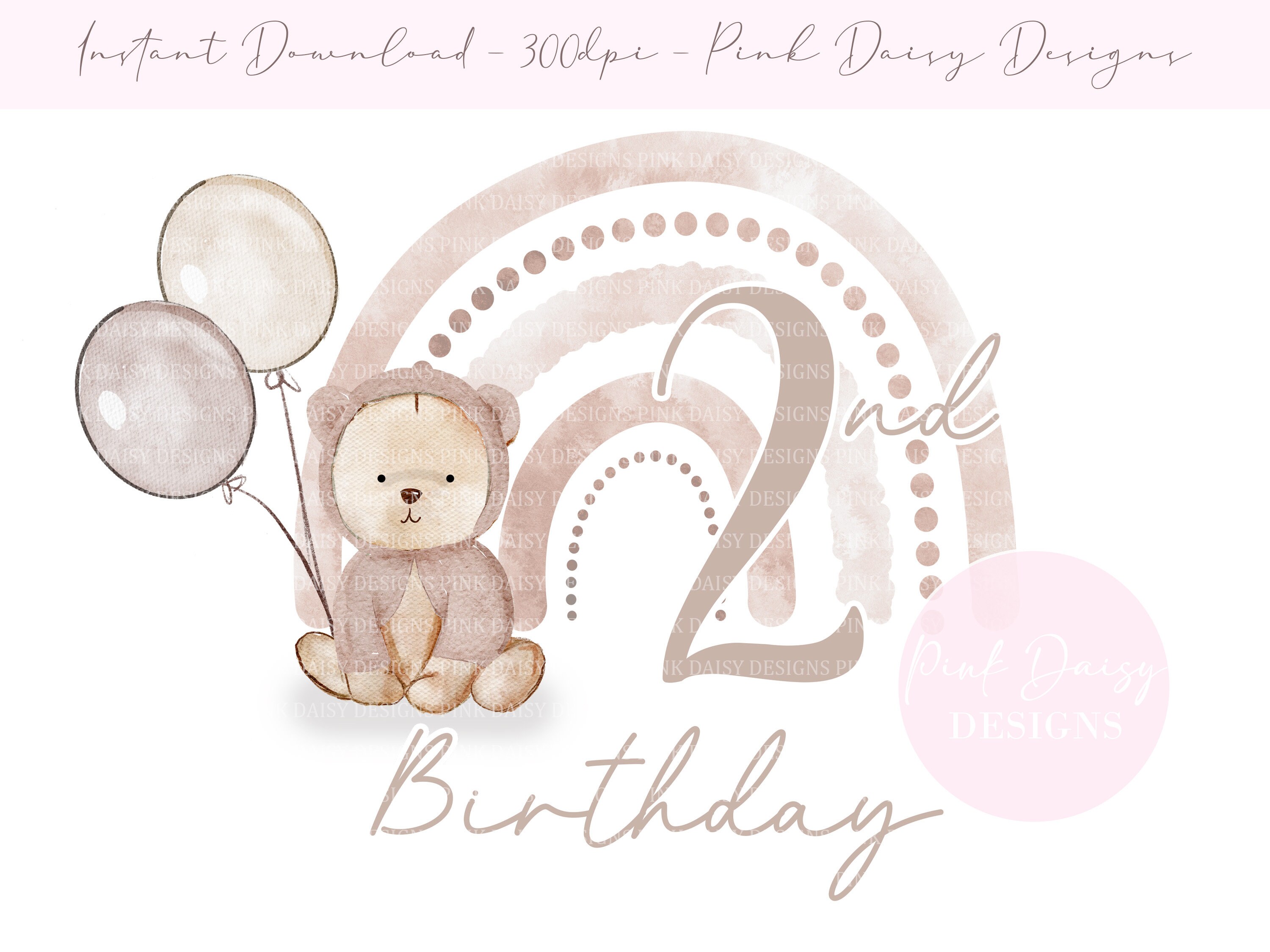 Teddy Bear 2nd Birthday Rainbow PNG, Neutral Second Birthday Baby Bear Design, Sublimation Design, Card PNG Design, Instant Digital Download