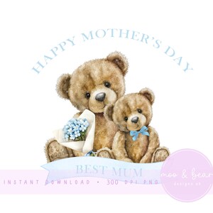 Madre e cucciolo orso PNG, carino orso clipart, primo design di biglietto per la festa della mamma, design del cuscino per la cameretta dei bambini, download digitale istantaneo