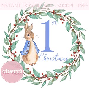 Peter Rabbit 1st Christmas  PNG, Christmas Clipart, Christmas Card PNG Design, Instant Digital Download, Sublimation Designs, First Xmas