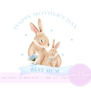 Coniglietto madre e bambino PNG, Clipart coniglietto carino, Design del primo biglietto per la festa della mamma, Design del cuscino per la cameretta dei bambini, Download digitale istantaneo