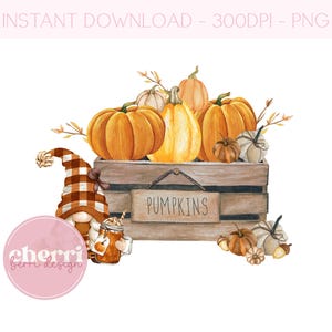 Herfst Pumpkin Box PNG, Halloween Pumpkin Gnome Clipart, Herfstkaart PNG-ontwerp, Herfstoogst, Instant Digitale Download, Sublimatieontwerpen