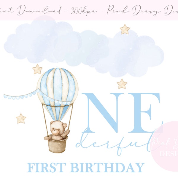 Hot Air Balloon Onderful 1st Birthday, Blue First Birthday Teddy Design, Sublimation Designs, Card PNG Design, Instant Digital Download