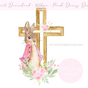 Flopsy Bunny Christening Day Cross PNG sublimation design file di download istantaneo con sfondo trasparente