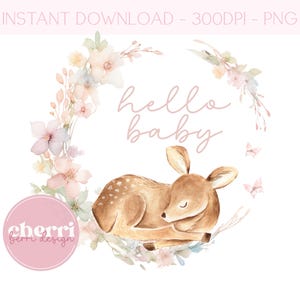 Baby Deer Pink PNG, Clipart neonato carino, Design biglietto di auguri Hello Baby, Corona floreale rosa Baby Deer addormentato PNG, Annuncio nascita, UV DTF