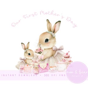 Coniglietto madre e bambino PNG, Clipart coniglietto carino, Design del primo biglietto per la festa della mamma, Design del cuscino per la cameretta dei bambini, Download digitale istantaneo