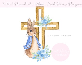 Peter Rabbit Christening Day Cross PNG sublimation design fichier de téléchargement instantané avec arrière-plan transparent
