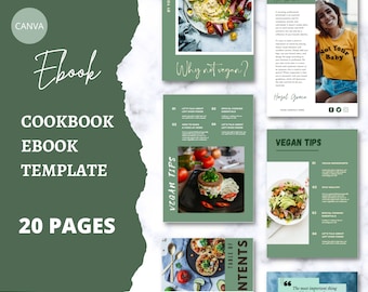 20 Kookboeksjabloon Canva | Sjabloon voor veganistisch kookboek | Sjabloon voor groen receptenboek | Bewerkbaar eBook Canva | Receptboekpagina's