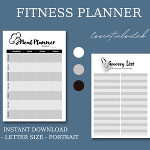 Fitness Planner, Meal Plan, Grocery List, Workout Log, Weight Loss Tracker, Printable, Minimalist