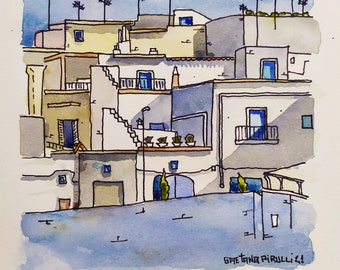 Watercolor of an Italian town, Polignano a Mare painted in watercolor and marker